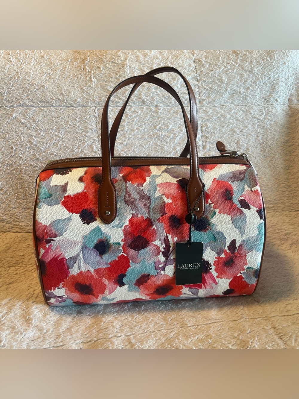EUC | Lauren Ralph Lauren “Clements” Barrel Floral Satchel Handbag | Coral New